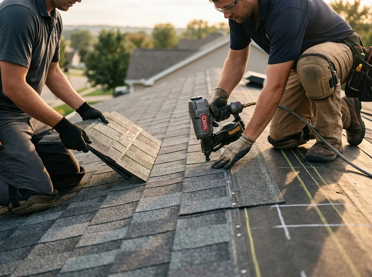 Professional roofer working on a residential roof in EspaÃ±ola